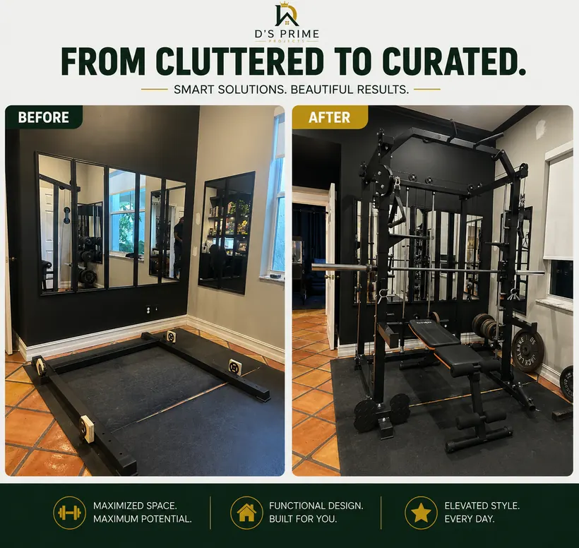 Home gym setup transformation with organized equipment.