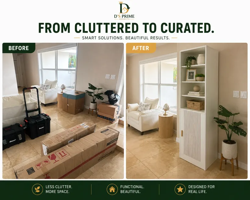 Room reset before and after from cluttered to curated.