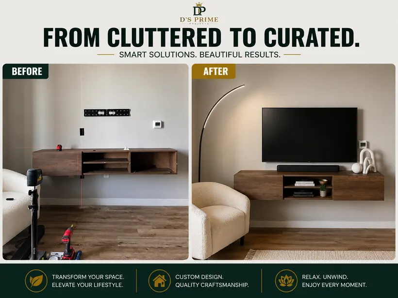 Smart TV installation and media wall before and after.